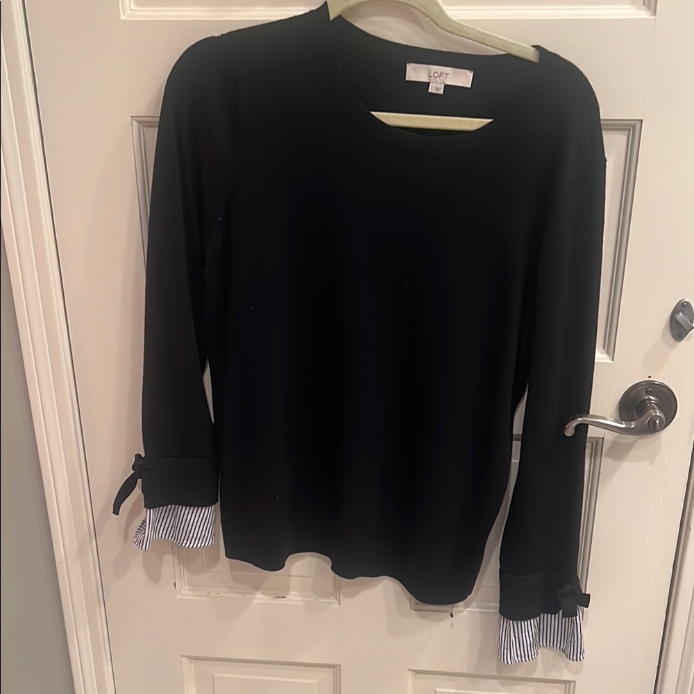 LOFT Black Long Sleeve Top with Striped Accents